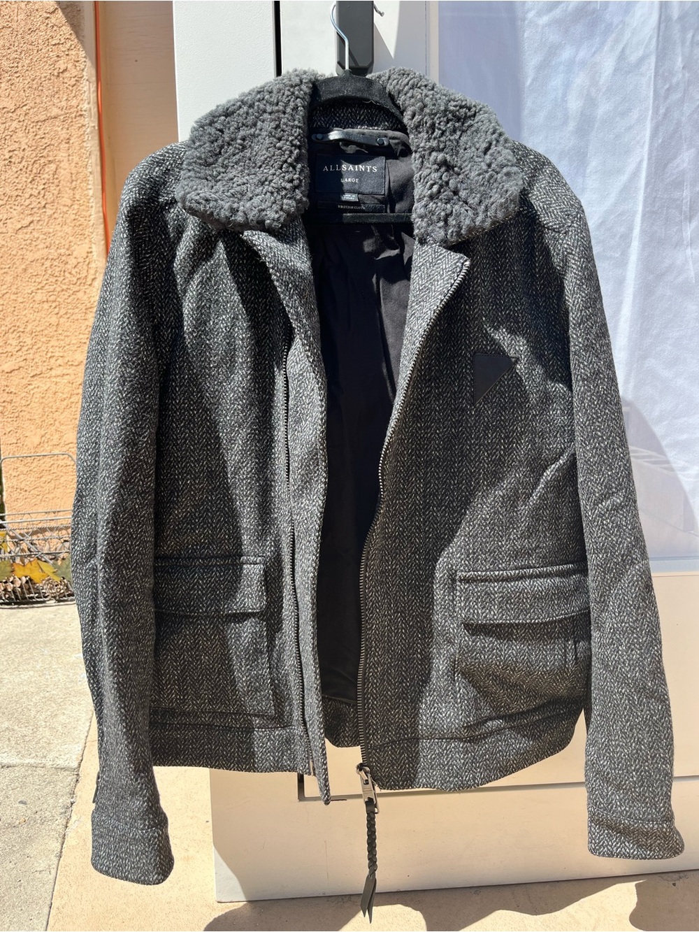AllSaints Men's Charcoal Herringbone Pea Coat with Shearling Collar